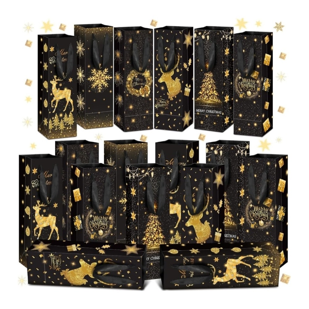 24 Count Christmas Wine Gift Bags Black Gold Foil Reindeer Holiday Gift Wrap Set